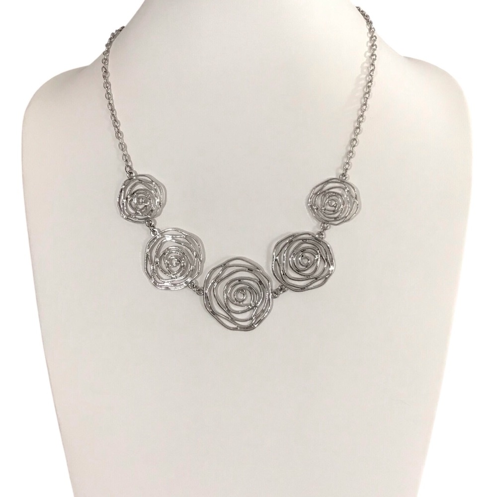 Abstract Rose Cutout Necklace Flower Silver Tone Fashion Jewelry